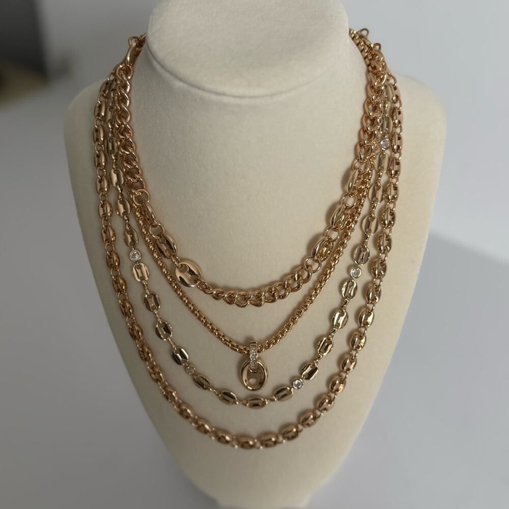 Ettika Multi Strand Chunky Gold Chain Layering Necklace Set Crystals 4pc